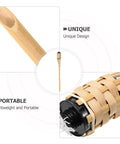 Natural Bamboo Tiki Torch Outdoor Set 2 Pack With Decorative Woven Design For Backyard Vibes And Garden Lighting Outdoor Parties Weddings Festivals Eco Friendly Oil Lamps, showing close-up views of bamboo material and woven design.