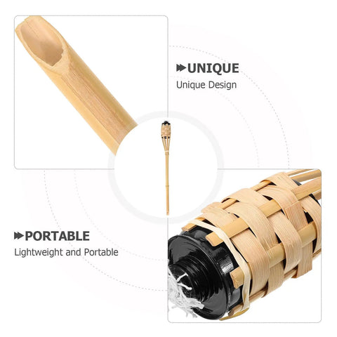 Natural Bamboo Tiki Torch Outdoor Set 2 Pack With Decorative Woven Design For Backyard Vibes And Garden Lighting Outdoor Parties Weddings Festivals Eco Friendly Oil Lamps, showing close-up views of bamboo material and woven design.