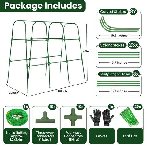Metal Garden Arch Trellis For Climbing Veggies 50x48 Inch U Shaped Plant Support with stakes, ties, gloves, connectors