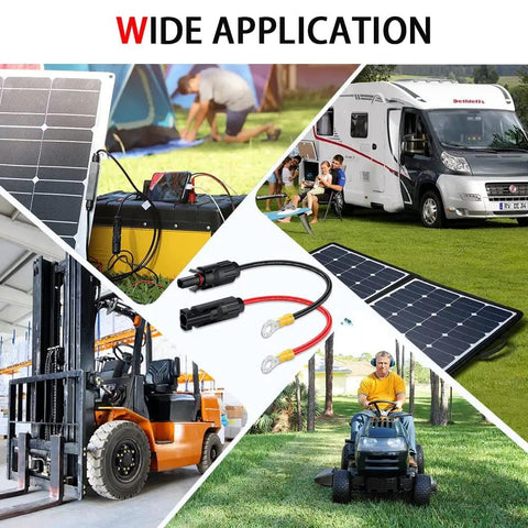 10 AWG Solar Panel Connector Cable With Male And Female Connectors for varied applications showing RV, solar panels, and machinery.
