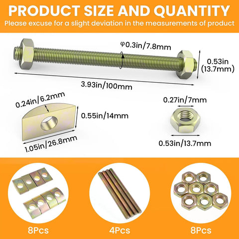 Killer Fit Four Pack M8x100MM Countertop Connector Bolts With Half Moon Washers And Hex Nuts size chart and measurements