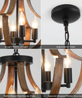 Four Light Farmhouse Pendant Lighting Featuring Rustic Faux Wood Chandelier Details And Sleek Flush Mount Fixture For Kitchen Island Dining Room, close-up of adjustable chain and frame.