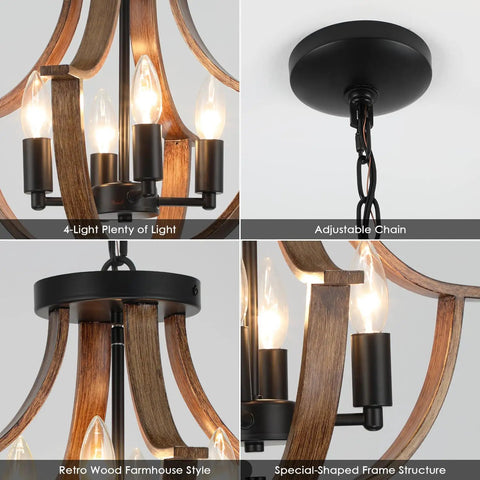 Four Light Farmhouse Pendant Lighting Featuring Rustic Faux Wood Chandelier Details And Sleek Flush Mount Fixture For Kitchen Island Dining Room, close-up of adjustable chain and frame.
