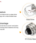 Works Like A Charm E10 Screw Base Miniature Bulbs 12V 5W Warm Yellow Light with clear glass dome and metal threaded base.