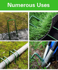 Heavy Duty Green Landscape Staples 50 Pack 6 Inch Garden Stakes For Turf And Ground Fabric 11 Gauge Galvanized Lawn Pins Ideal For Weed Barrier Sod Fences Irrigation Tubing And Outdoor DIY Projects in use on various outdoor materials.