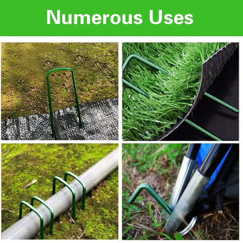 Heavy Duty Green Landscape Staples 50 Pack 6 Inch Garden Stakes For Turf And Ground Fabric 11 Gauge Galvanized Lawn Pins Ideal For Weed Barrier Sod Fences Irrigation Tubing And Outdoor DIY Projects in use on various outdoor materials.