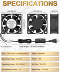 Specifications for Slick Compact EC Cooling Fan 120V With Dual Ball Bearing, 60x60x25mm size, with plug and play setup.