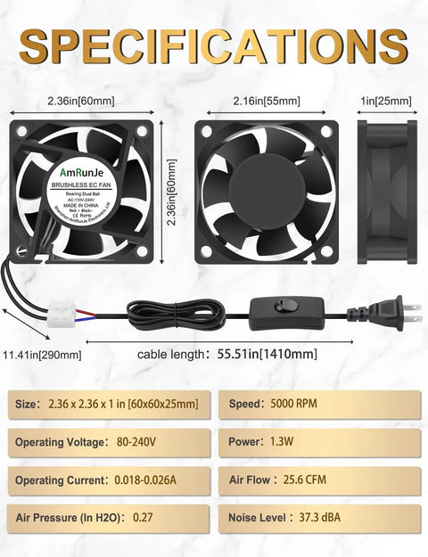 Specifications for Slick Compact EC Cooling Fan 120V With Dual Ball Bearing, 60x60x25mm size, with plug and play setup.