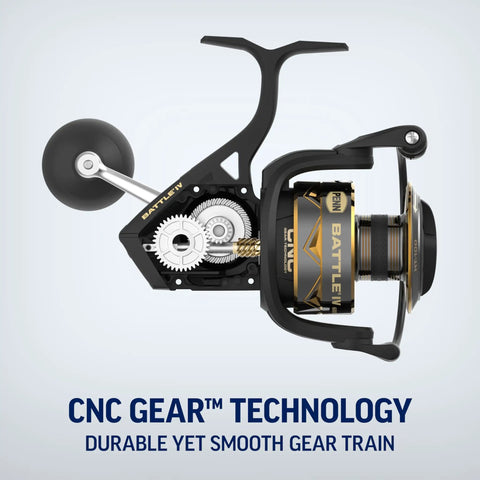 Battle IV Size 4000 Spinning Fishing Reel with exposed metal gear mechanism and CNC Gear Tech