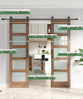 Double 24 By 84 Inch Glass Barn Doors With 48 Inch Width Eight Foot Hardware Kit And Handle Included Five Panel Frosted Glass LVL Wood Panel Waterproof PVC Surface Pre Drilled Holes Easy Assembly, front view installed.