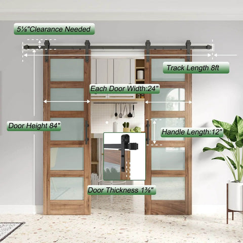 Double 24 By 84 Inch Glass Barn Doors With 48 Inch Width Eight Foot Hardware Kit And Handle Included Five Panel Frosted Glass LVL Wood Panel Waterproof PVC Surface Pre Drilled Holes Easy Assembly, front view installed.