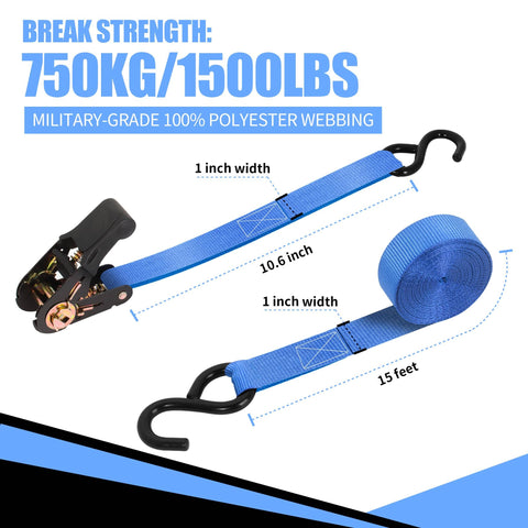 Beefy 1 Inch By 15 Foot Ratchet Tie Down Straps 1500 Lbs Break Strength 500 Lbs Working Load 6 Pack With Durable Carry Bag