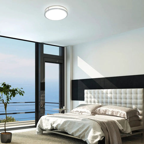 Bedroom with Arcfox 16 Inch 36W LED Flush Mount Ceiling Light With 1550 Lumen Output Dimmable 5 Color Temperatures 3000K 3500K 4000K 5000K 6000K Modern Kickin Brushed Nickel Fixture For Dining Room Hallway Bedroom Living Room
