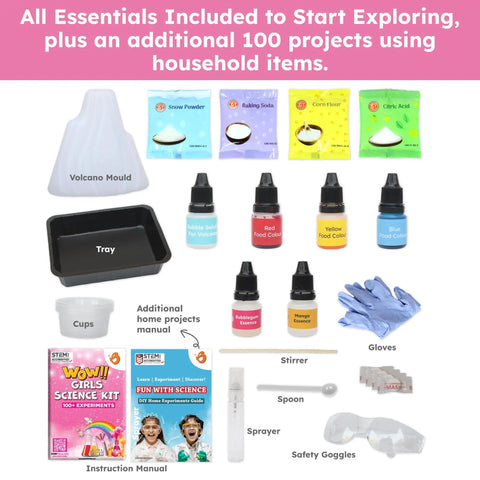 Girls Science Kit With 100 Plus Experiments For Kids Ages Five To Eight Safe Hands On STEM Activity Set That Makes Science Fun And Easy To Explore At Home. Includes volcano mould, tray, manuals, gloves, goggles