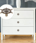 4 Piece Antique Cabinet Handles Set Vintage Drawer Knobs on white dresser with solid bronze steering wheel style door pulls