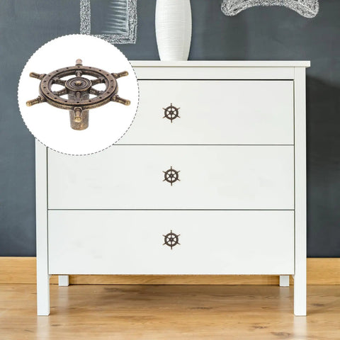 4 Piece Antique Cabinet Handles Set Vintage Drawer Knobs on white dresser with solid bronze steering wheel style door pulls