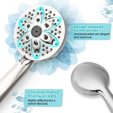 Front view of Amazon 6‑setting handheld shower head, chrome-plated ABS with 59-inch stainless hose and adjustable holder.