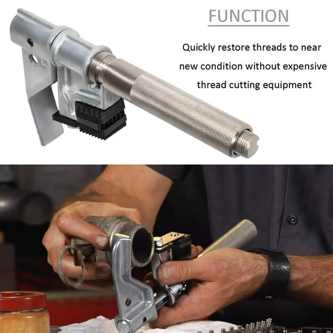 Universal Outside Thread Chaser for Restoring Threads from One and a Quarter to Five Inches OD DIY Friendly Heavy Duty Thread Repair Tool That Delivers Quick Fixes Without Expensive Equipment or Machinery shown in use