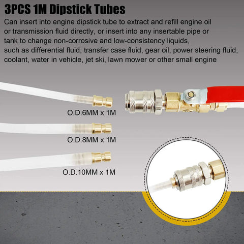 Real Deal Pneumatic Fluid Extractor And Automatic Transmission Oil Dispenser Kit With Three Meter Dipstick Tubes, showing three dipstick tubes for easy fluid extraction.