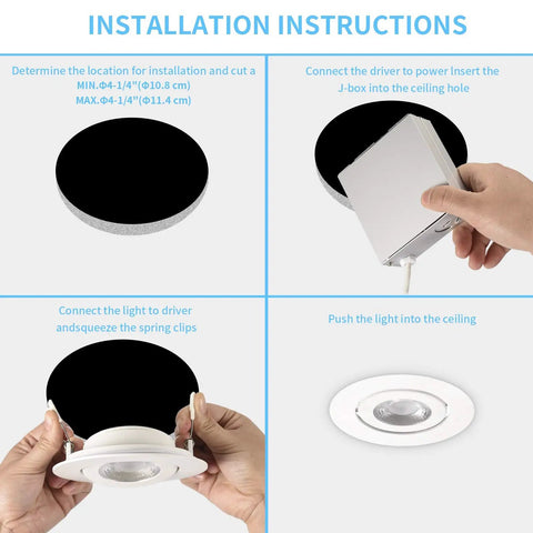 Installation steps for 4 Inch LED Recessed Lights Ultra Thin Adjustable Eyeball Gimbal With Junction Box Dimmable 9W 750lm ETL IC Rated Damp Location