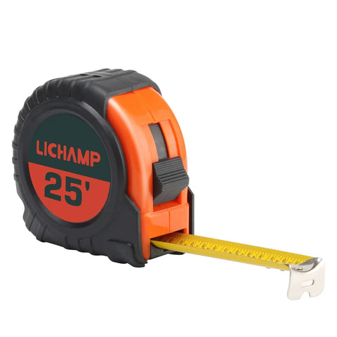 Bulk Six Pack 25 Ft Tape Measure With Easy Read Fractions One Eighth Increments showing the 25 ft retractable tape and orange body
