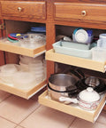 Brown Sliding Pull Out Cabinet Organizer With Hassle Free Base Install And Smooth Glide Tracks Perfect For Pantry Drawers Or Bathroom Vanity Storage, showcasing two deep pull-out drawers filled with kitchen containers.