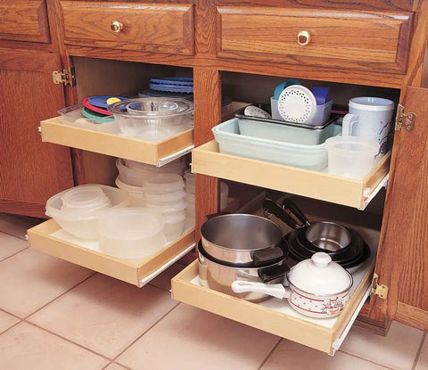 Brown Sliding Pull Out Cabinet Organizer With Hassle Free Base Install And Smooth Glide Tracks Perfect For Pantry Drawers Or Bathroom Vanity Storage, showcasing two deep pull-out drawers filled with kitchen containers.