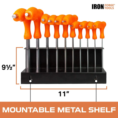 20 Piece T Handle Allen Wrench Set With Stand For SAE And Metric Hex Keys, mounted on black metal shelf, orange handles