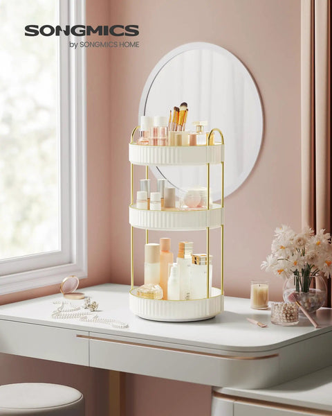 Three Tier Round Rotating Makeup And Skincare Organizer For Vanity Countertop Must Have Customizable Storage Lazy Susan Style Space Saving Cosmetic Display Durable Metal And PET Plastic Gift Ready Cloud White on dressing table