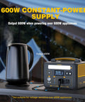 On The Go Portable Power Station 600W With 110W Solar Panel LiFePO4 Battery next to electric kettle showing 600W output