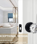 Crystal Glass Door Knobs Set With Lock For Bedroom And Bathroom Vintage Privacy Clear Crystal Interior Knobs Matte Black Finish Fits Most Doors 1 3 8 To 1 3 4 Inches Thick Adjustable Latch 2 3 8 Or 2 3 4 Inches shown installed on a white door with a bathroom background.