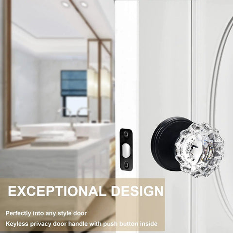 Crystal Glass Door Knobs Set With Lock For Bedroom And Bathroom Vintage Privacy Clear Crystal Interior Knobs Matte Black Finish Fits Most Doors 1 3 8 To 1 3 4 Inches Thick Adjustable Latch 2 3 8 Or 2 3 4 Inches shown installed on a white door with a bathroom background.