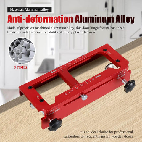 Door Hinge Jig Pro Grade Aluminum Alloy Mortiser Kit with adjustable router template in red, on a wooden surface.
