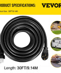 Road Ready 30 Foot 50 Amp Generator Extension Cord With Twist Lock Connectors pure copper power cable coiled in black.