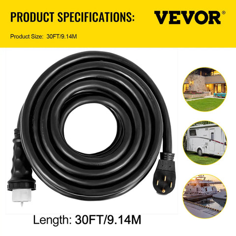 Road Ready 30 Foot 50 Amp Generator Extension Cord With Twist Lock Connectors pure copper power cable coiled in black.