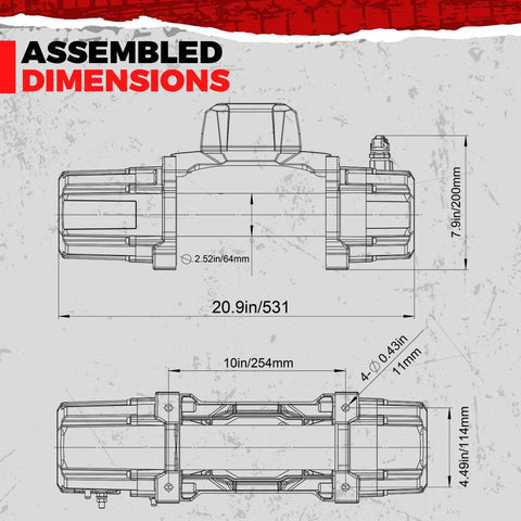 Beefy 13,500 Lb Synthetic Rope Winch For Trucks And SUVs, 12V IP68 Waterproof Motor, Wireless And Wired Remote, Heavy Duty Off Road Tow Winch For Trailers And UTVs Tank Series assembled dimensions diagram