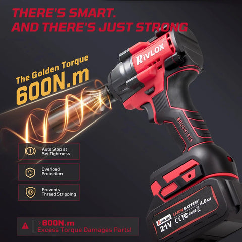 Beast Mode Brushless Cordless Impact Wrench With Half Inch Drive, 600 Nm Torque, 450 Ft-Lbs Max, Dual 4000mAh Batteries, LED Work Light, Heavy Duty Kit For Lug Nuts And Industrial Bolts, red-black brushless cordless impact wrench with 21V battery
