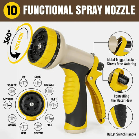 50 Ft Five Eighth Inch Heavy Duty Built To Last Garden Hose With Nozzle Flexible Lightweight Kink Resistant Hybrid Hose With Swivel Handle Durable Anti Burst Outer Layer High Pressure Ready Includes Male To Female Fittings, 10-function spray nozzle