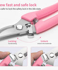 Ultra Sharp Stainless Steel Flower Scissors With Ergonomic Non Slip Handle For Easy Garden Pruning displayed with pink handle and safety lock