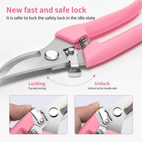 Ultra Sharp Stainless Steel Flower Scissors With Ergonomic Non Slip Handle For Easy Garden Pruning displayed with pink handle and safety lock