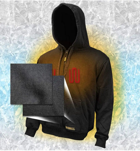 Heated Hoodie Jacket With USB Charging Ports For 20V Battery Power On The Go Workwear That Fits 20V Tool Packs Black XL with fabric swatches