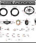 150HP Hydraulic Steering Kit With Wheel For Single Engine Boats Complete Marine System With Built In Two Way Lock Cylinder 26Ft Hoses And Pump Included For Pontoon Deck Runabout And Fishing Boats, product parts with measurements shown, including steering wheel, hoses, and components.