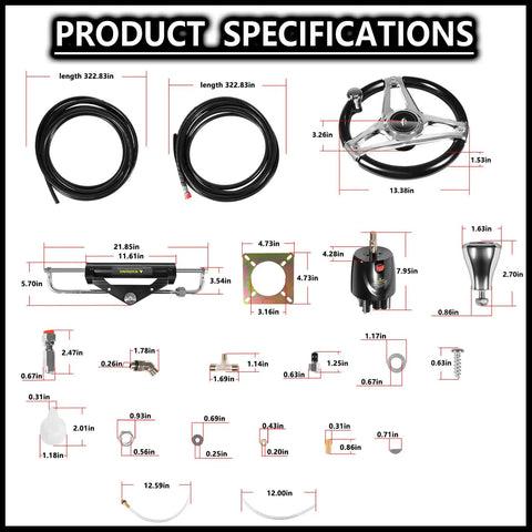 150HP Hydraulic Steering Kit With Wheel For Single Engine Boats Complete Marine System With Built In Two Way Lock Cylinder 26Ft Hoses And Pump Included For Pontoon Deck Runabout And Fishing Boats, product parts with measurements shown, including steering wheel, hoses, and components.