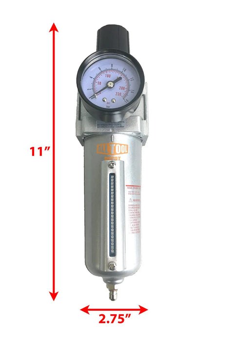 Heavy Duty Three Quarter Inch NPT In Line Air Filter Regulator Combo With Metal Bowl, Five Micron Element, Adjustable PSI
