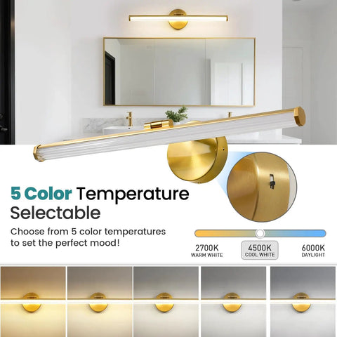 Gold Vanity Light Bar Over Mirror, 22 Inch LED Dimmable Fixture, 5 CCT Color Temperature, Angle Adjustable shown over mirror