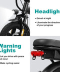 Foldable Electric Bike For Adults And Teens, City Commuter Ebike close-up of headlight and rear warning lights highlighting safety features