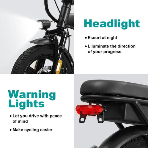 Foldable Electric Bike For Adults And Teens, City Commuter Ebike close-up of headlight and rear warning lights highlighting safety features