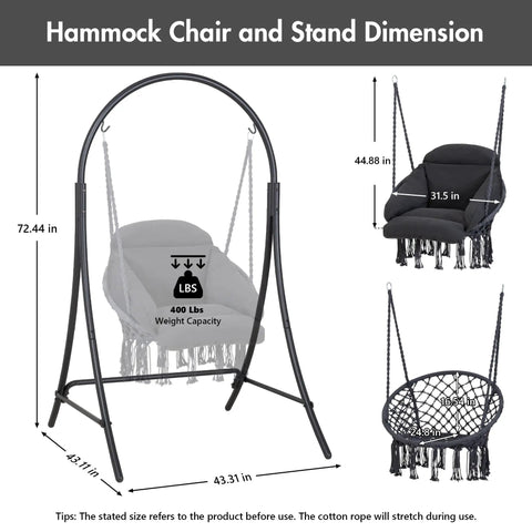 Heavy Duty Hanging Swing Chair With Stand Included For Outdoor Chill Sessions, Cushioned Hammock Chair For Patio Or Yard Up To 400 Lbs, Dark Grey With Removable Padded Cushion And Easy Assembly dimensions diagram