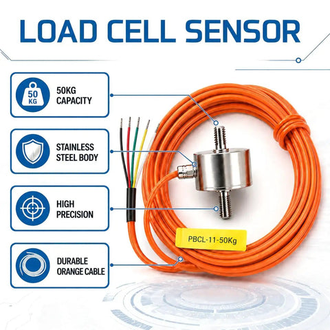 50 Kg Mini Load Cell Sensor For Tension And Compression Testing, Top Notch Precision 0.1 Percent, Stable Force Readings For Lab And Production Use, Great For Experimental Setups And Quality Control, stainless steel body with orange cable