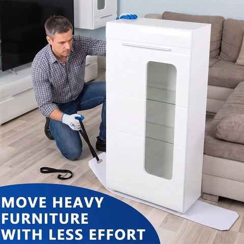 Heavy Duty Furniture Sliders For Moving Appliances Includes Reinforced Pull Straps And Protective Work Gloves, moving a white cabinet.